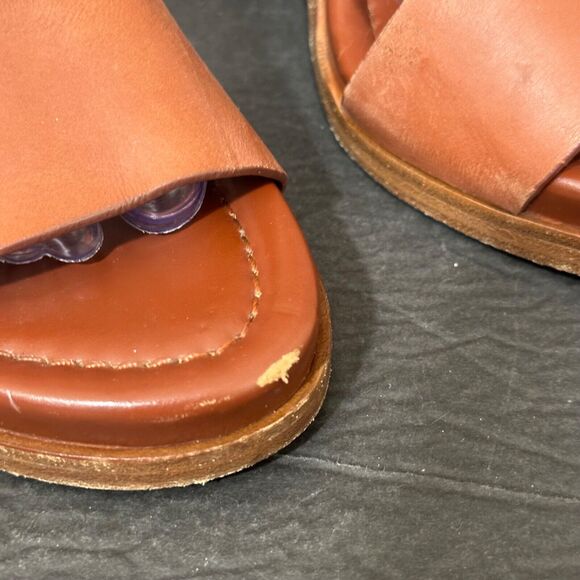 VINCE Haley Heels Women's 9.5 Chunky Block Wood Leather Open Toe Sandals Brown - Picture 3 of 11